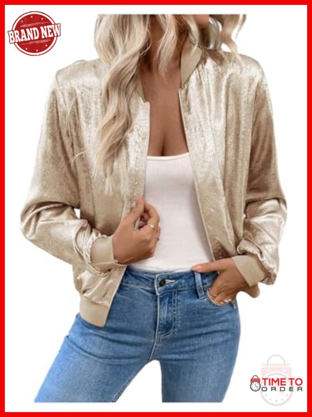 Shiny Metallic Bomber Jacket Lightweight Zip Up Long Sleeve